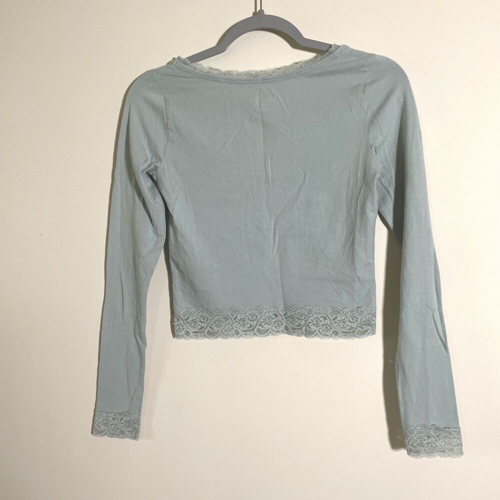 HOLLISTER Women's Lace Trim Cropped Baby Tee T-Shirt Green Top Size Small Y2K - Picture 3 of 7